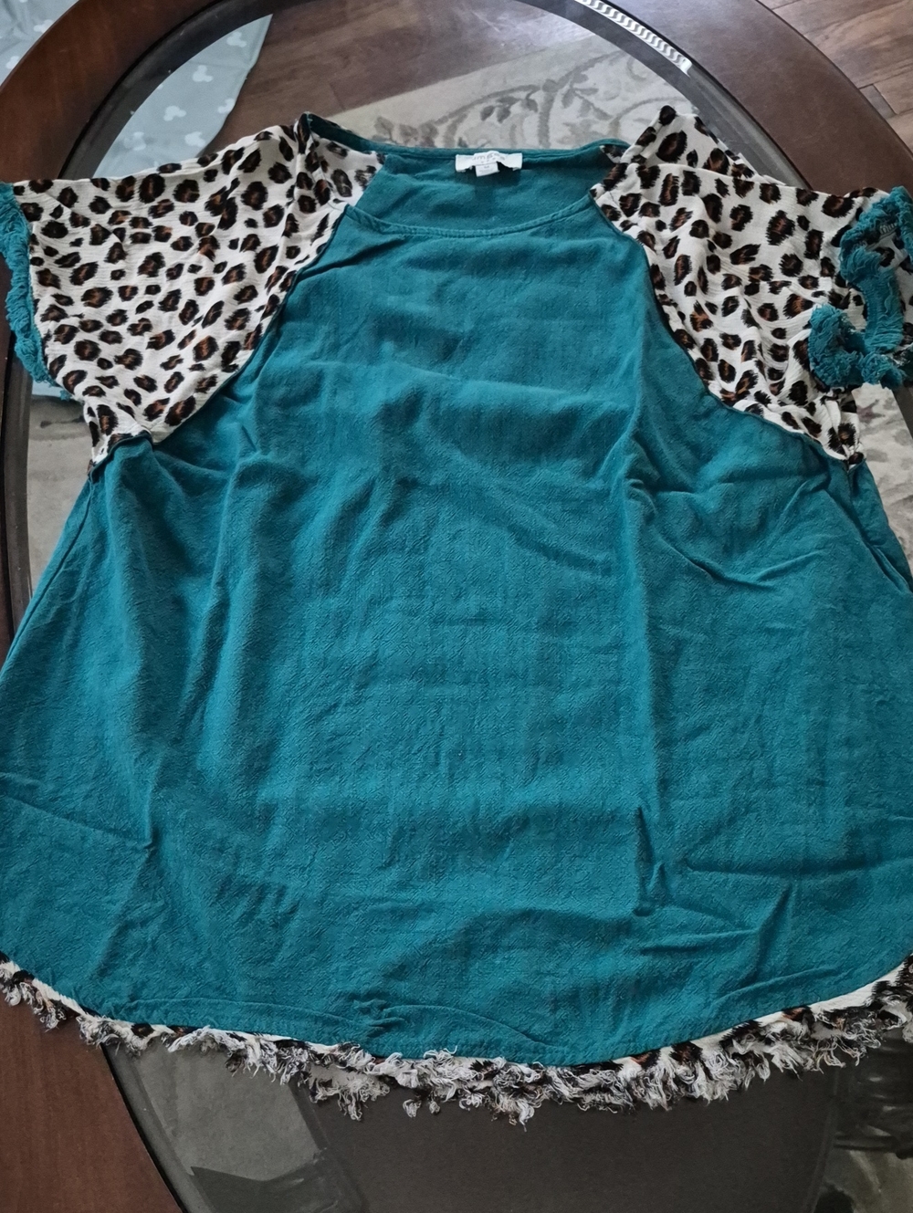 Umgee Teal Top with Leopard-Print Puff Sleeves